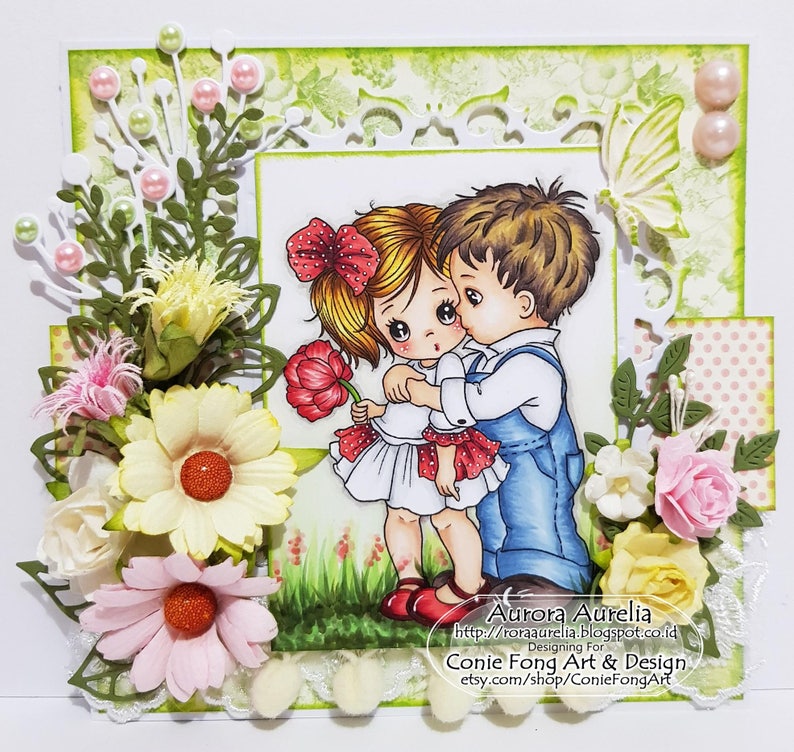 Digital Stamp, Digi Stamp, digistamp, First Kiss 2 files by Conie Fong, valentines, love, Christmas, coloring page, boy, girl image 3