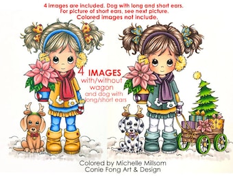 Digital Stamp, Digi Stamp, Digistamp, Molly's Pawfect Christmas by Conie Fong, Girl, Christmas, dog, poinsettia, tree, presents, coloring