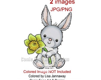 Digital Stamp, Digi Stamp, Digistamp, Rabbit Holding Daffodil by Conie Fong, bunny, Easter, birthday, Mother's Day, flower, coloring page