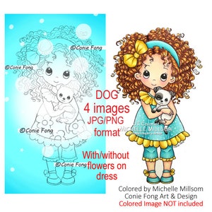 Digital stamp, digi stamp, digistamp, Sophie and Puppy by Conie Fong, Birthday, Sympathy, Thinking of You, puppy, dog, girl holding dog image 1