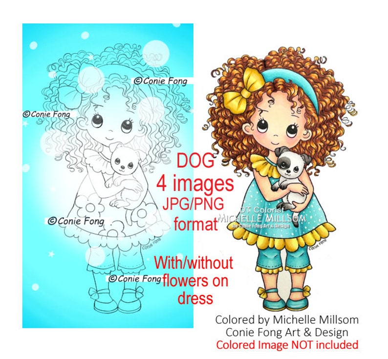 Digital stamp, digi stamp, digistamp, Sophie and Puppy by Conie Fong, Birthday, Sympathy, Thinking of You, puppy, dog, girl holding dog image 1