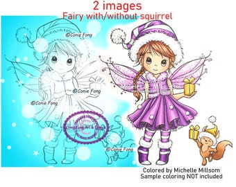 Digital Stamp, Digi Stamp, digistamp, Molly's Fairy Gift by Conie Fong, girl, Christmas, squirrel, Birthday, gift, coloring page
