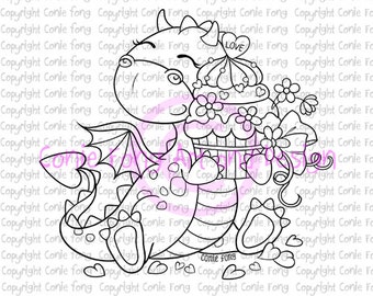 Digital Stamp, Digi Stamp, Tori the Dragon with Heart Cake by Conie Fong, birthday, love, celebration, congratulation, coloring page