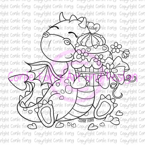 Digital Stamp, Digi Stamp, Tori the Dragon with Heart Cake by Conie Fong, birthday, love, celebration, congratulation, coloring page