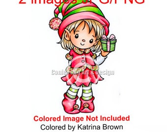 Digital Stamp, Digi Stamp, digistamp, Little Gift Girl Elf by Conie Fong, elf, Santa, Elves, Christmas, present, gift, coloring page