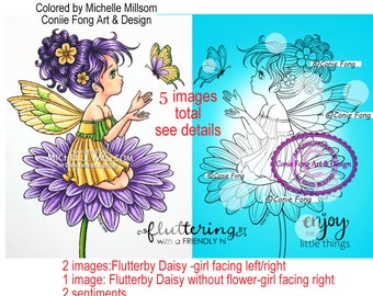 Digital Stamp, Digi Stamp, digistamp, flutterby Daisy, Conie Fong, fairy, girl, sentiment, Birthday, Get Well, love, flower, coloring page