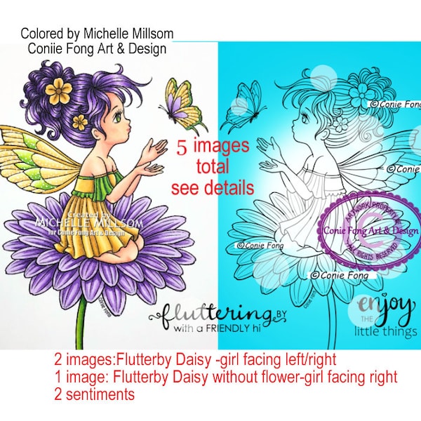 Digital Stamp, Digi Stamp, digistamp, flutterby Daisy, Conie Fong, fairy, girl, sentiment, Birthday, Get Well, love, flower, coloring page