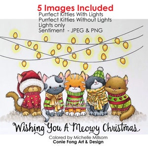 May include: Five digital images of cute cartoon cats wearing sweaters and hats, with a string of Christmas lights above them. The text "Wishing You A Meowy Christmas" is below the cats.