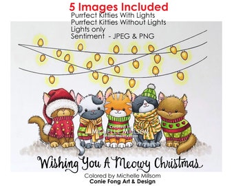 Digital Stamp, Digi Stamp, Digistamp, Purrfect Kitties and Sentiment by Conie Fong, Christmas, cat, kitty, kitties, lights coloring page