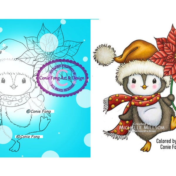 Digital Stamp, Digi Stamp, Digistamp, Snowy Poinsettia Conie Fong, Christmas, Penguin, coloring page