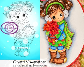 Sello digital, Digi Stamp, digistatus, Holly Poinsettia de Conie Fong, Navidad, niña, flor de Pascua, flores, página para colorear, niños
