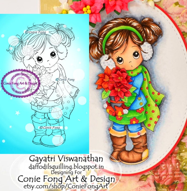 Digital Stamp, Digi Stamp, digistamp, Holly Poinsettia by Conie Fong, Christmas, girl, poinsettia, flowers, coloring page, children image 1