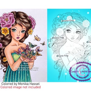 Digital Stamp, Digi Stamp, digistamp, Butterfly Kisses Conie Fong, flower, peony, Coloring Page, girl, braids image 1