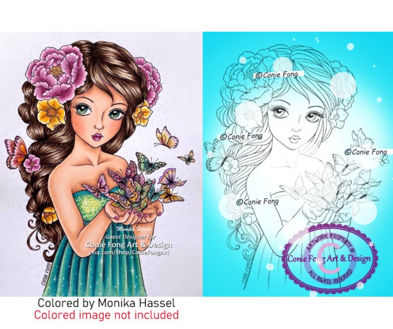 Digital Stamp, Digi Stamp, digistamp, Butterfly Kisses Conie Fong, flower, peony, Coloring Page, girl, braids image 1