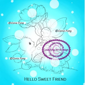 Digital Stamp, Digi Stamp, Digistamp, Hello Little Friend Bundle by Conie Fong Bunny, Rabbit, butterfly, Thinking of you, Birthday, Mushroom image 2