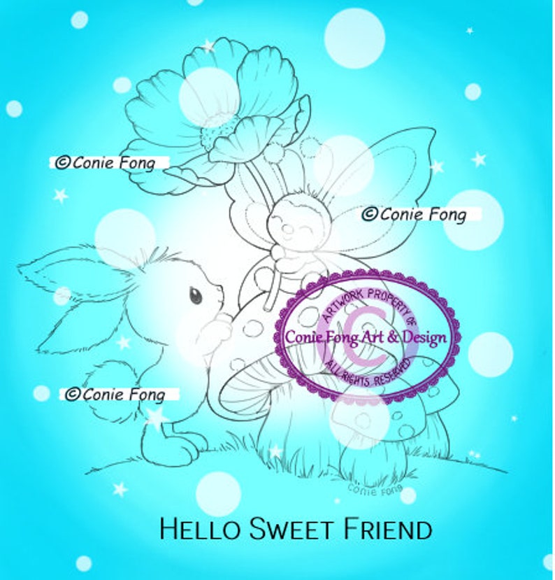 Digital Stamp, Digi Stamp, Digistamp, Hello Little Friend Bundle by Conie Fong Bunny, Rabbit, butterfly, Thinking of you, Birthday, Mushroom image 2