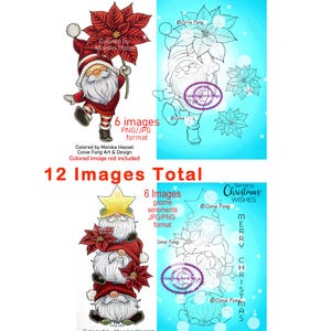 May include: Digital images featuring Christmas gnomes with poinsettias and star accents. The images include colored and line art versions, with text that reads "Sending Christmas Wishes" and "Merry Christmas". The images are in PNG/JPG format.