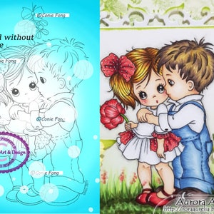 Digital Stamp, Digi Stamp, digistamp, First Kiss 2 files by Conie Fong, valentines, love, Christmas, coloring page, boy, girl image 1