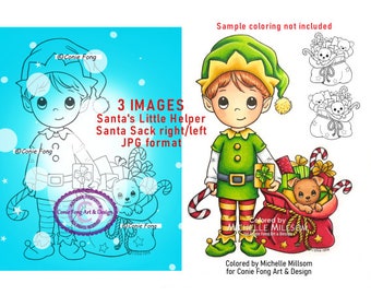 Digital Stamp, Digi Stamp, digistamp, Santa's Little Helper Bundle by Conie Fong, boy, elf, Christmas, santa sack, dog, gifts, coloring page