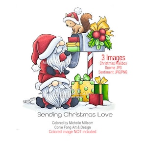 Digital Stamp, Digi Stamp, digistamp, Christmas Mailbox Gnome and Sentiment Bundle by Conie Fong, Santa, Presents, squirrel,  coloring page