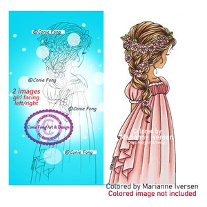 Digital Stamp, Digi Stamp, Digistamp, Standing Pretty by Conie Fong, flowers, braids, Coloring Page, birthday, girl, dress, friendship