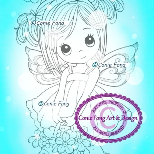 Digital Stamp, Digi Stamp, digistamp, Molly Fairy by Conie Fong, birthday, sympathy, mother's day, get well, basket, flowers, coloring page