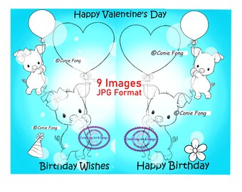 Digital Stamp, Digi Stamp, Digistamp, Lulu and Lonny With Balloon Bundle by Conie Fong, Coloring Page, Pig, Birthday, Valentine, Love