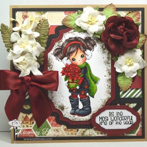 Digital Stamp, Digi Stamp, digistamp, Holly Poinsettia by Conie Fong, Christmas, girl, poinsettia, flowers, coloring page, children image 5