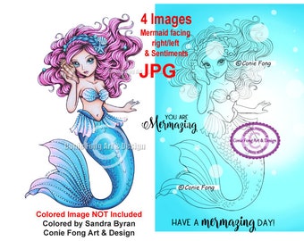 Digital Stamp, Digi Stamp, digistamp, Rosealea Mermaid And Sentiment Bundle by Conie Fong, Coloring Page, Girl, Fantasy, Birthday, Seashell