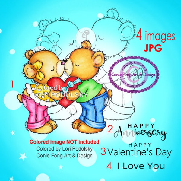 Digital Stamp, Digi Stamp, Digistamp, Bella and Benji Kiss Conie Fong, Coloring Page, Bear, Love, Valentines, Birthday, Anniversary