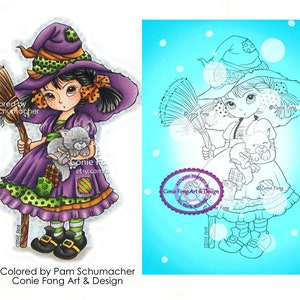 SALE Digital Stamp, Digi Stamp, digistamp, Priscilla Revised by Conie Fong, Halloween, Witch, Girl, children, coloring page image 1