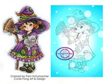 SALE Digital Stamp, Digi Stamp, Digistamp, Priscilla Revised by Conie Fong, Halloween, Hexe, Mädchen, Kinder, Malseite