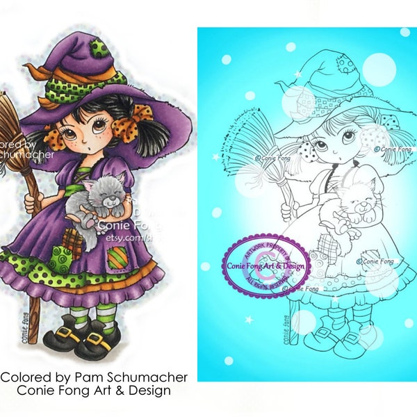 SALE Digital Stamp, Digi Stamp, digistamp, Priscilla Revised by Conie Fong, Halloween, Witch, Girl, children, coloring page