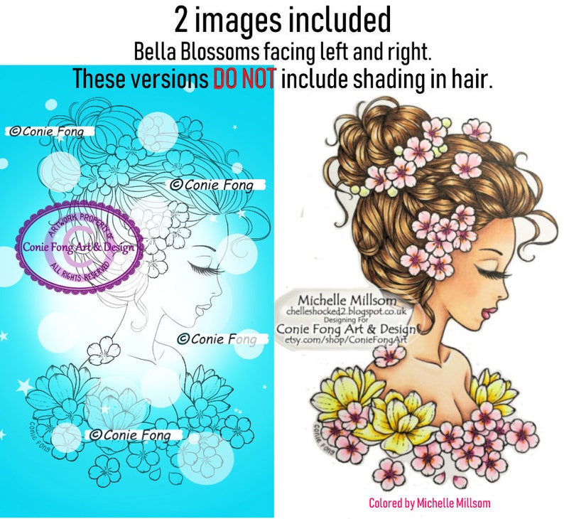 Peut inclure: Deux illustrations num&eacute;riques d'une femme aux cheveux bruns coiff&eacute;s en chignon, orn&eacute;s de fleurs roses et jaunes. L'image de gauche est un dessin au trait, tandis que l'image de droite est une illustration color&eacute;e. Les deux images pr&eacute;sentent le texte "Conie Fong Art & Design".