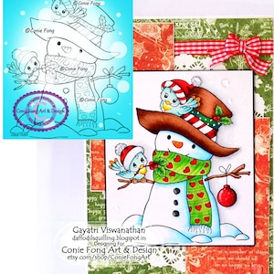 SALE Digital Stamp, Digi Stamp, digistamp, Snowman and Birdie Friends by Conie Fong, Christmas, Winter, Bird, coloring page, children image 1