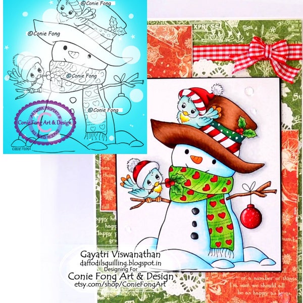 SALE Digital Stamp, Digi Stamp, digistamp,  Snowman and Birdie Friends by Conie Fong, Christmas, Winter, Bird, coloring page, children