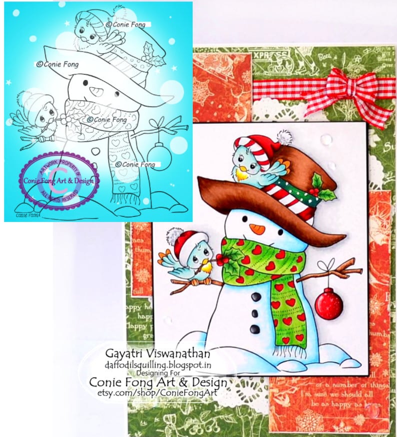 SALE Digital Stamp, Digi Stamp, digistamp, Snowman and Birdie Friends by Conie Fong, Christmas, Winter, Bird, coloring page, children image 1