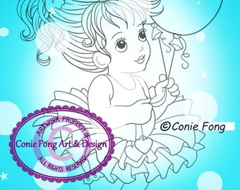 SALE Digital Stamp, Digi Stamp, digistamp, Abbie by Conie Fong, Birthday, girl holding balloon, celebration, ballerina, tutu