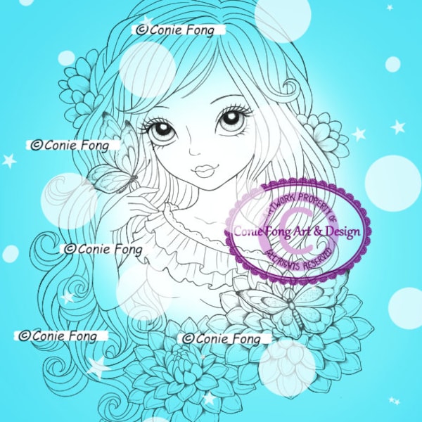 Digital Stamp, Digi Stamp, digistamp, Delilah by Conie Fong, Coloring Page, birthday, girl, flower, butterfly, dahlia