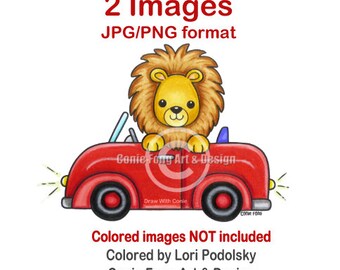 Digital Stamps, Digistamp, Digistamps, Lion In A Car by Conie Fong, Christmas, Animal, Coloring Page, Birthday, Boy, cardmaking