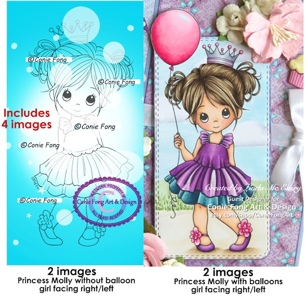 Digital Stamp, Digi Stamp, Digistamp, Princess Molly  Bundle by Conie Fong, Coloring Page,  birthday, princess, girl, balloon,