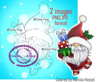SALE Digital Stamp, Digi Stamp, digistamp, Christmas Present Gnome by Conie Fong, Santa, Christmas Tree, coloring page