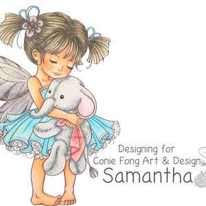 Digital Stamp, Digi Stamp, digistamp, Emma and Ellie With Wings by Conie Fong, Girl, Fairy, elephant, fantasy, children, coloring page image 2