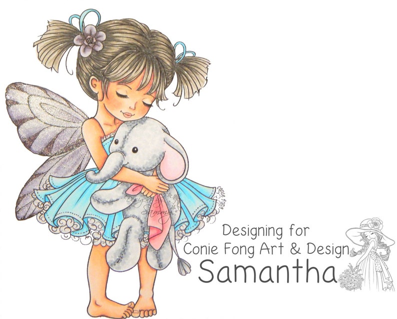 Digital Stamp, Digi Stamp, digistamp, Emma and Ellie With Wings by Conie Fong, Girl, Fairy, elephant, fantasy, children, coloring page image 2