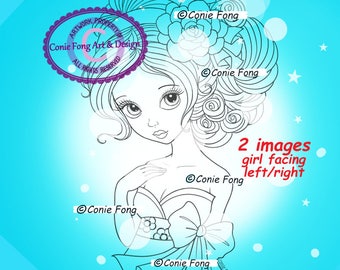 Timbre numérique, Timbre Digi, digistamp, Emma Rose par Conie Fong, Coloriage, fille, fleur, Rose, anniversaire, Mariée
