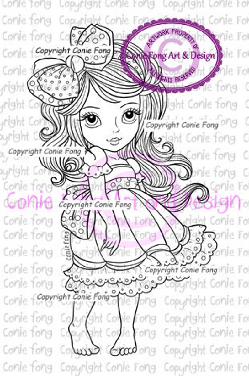 digital stamp, digi stamp, Digistamp, Bow Tie In My Hair by Conie Fong, girl, scrapbooking, coloring page image 1