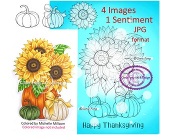 SALE Digital Stamp, Digi Stamp, digistamp,(JPG FORMAT) Sunflower Pumpkin Bundle, Conie Fong, birthday, Halloween, Thanksgiving coloring page