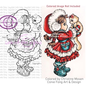 digital stamp, digi stamp, digistamp, Sally and Snowball by Conie Fong, Christmas, Girl, cat, kitty, scrapbooking, coloring page