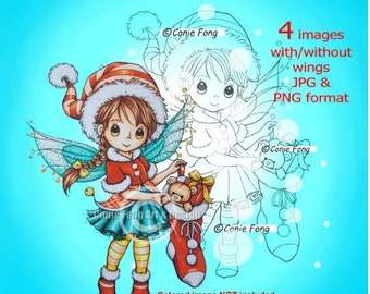 Digital Stamp, Digi Stamp, digistamp, Molly's Christmas Stocking Bundle by Conie Fong, girl, Christmas, fairy, coloring page