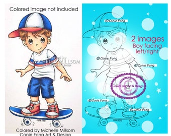 Digital Stamp, Digi Stamp, digistamp,  Skateboarding Benny by Conie Fong, Boy, Birthday, skateboard, hat, cap, color page, scrapbook